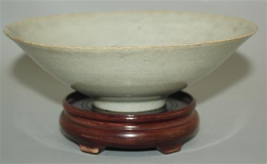 A Chinese Yingqing conical shaped bowl, Song dynasty, 17.5cm, wear to glaze